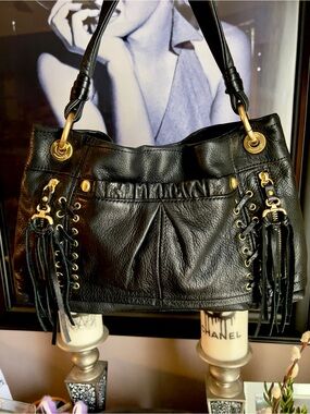 B. Makowsky Black Leather Tassel Shoulder Bag